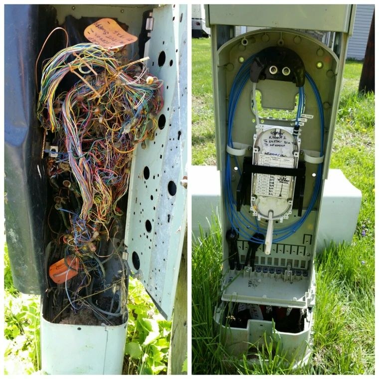 Before and after: a telecom pedestal restored from tangled copper to organized fiber
